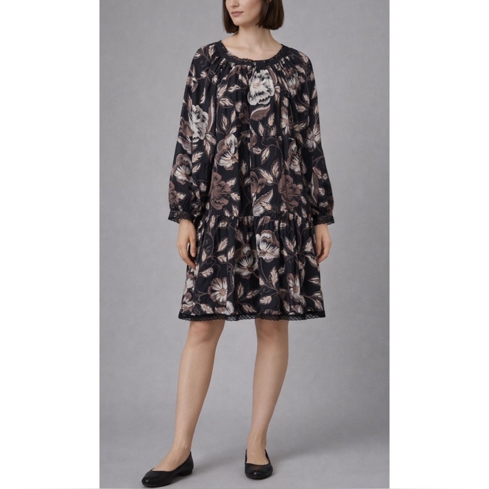 UNSUBSCRIBED | NWT 100% Silk Floral Dress Lace Trim in Black Motif, Size Medium